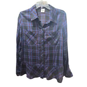 Cabi Women's Plaid Button Down Shirt Long Sleeve Peplum Ruffle Black Blue Red M